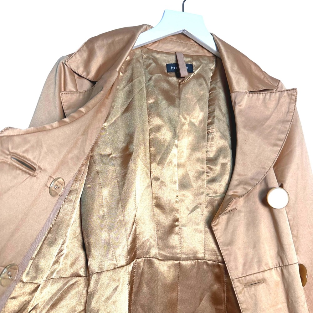 Vintage Y2K Bebe Womens Metallic Bronze Satin Trench Coat Belted Jacket S - Picture 8 of 13